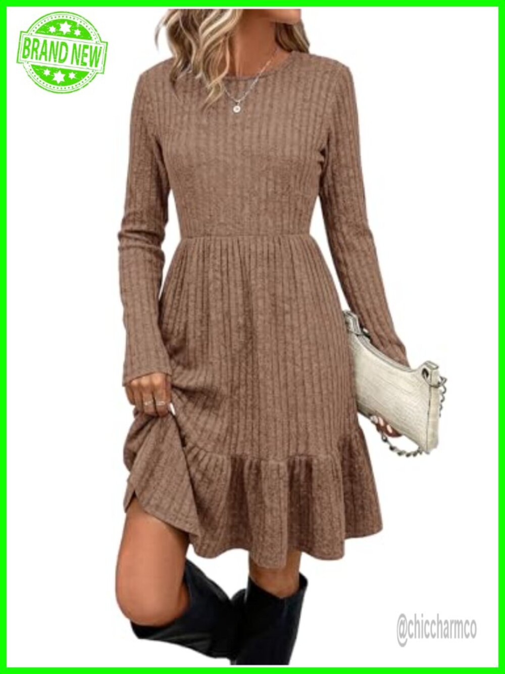 Ribbed Knit Sweater Dress Long Sleeve A-Line Midi with Pockets